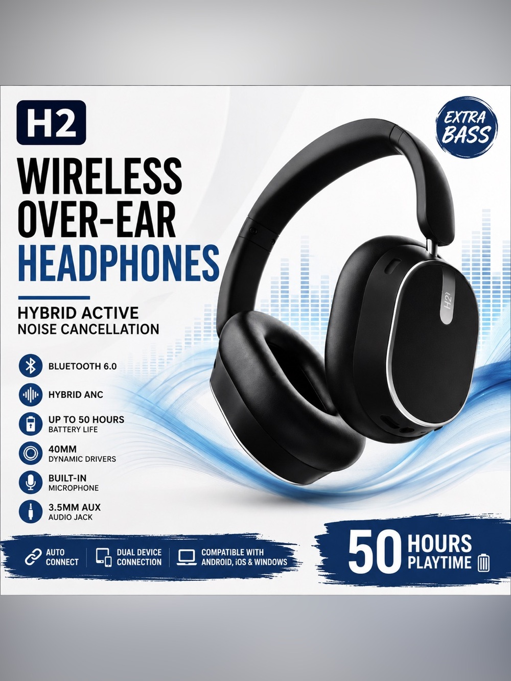 H2 Wireless Over-Ear Headphones Noise Cancellation Bluetooth 6.0 Black NIB
